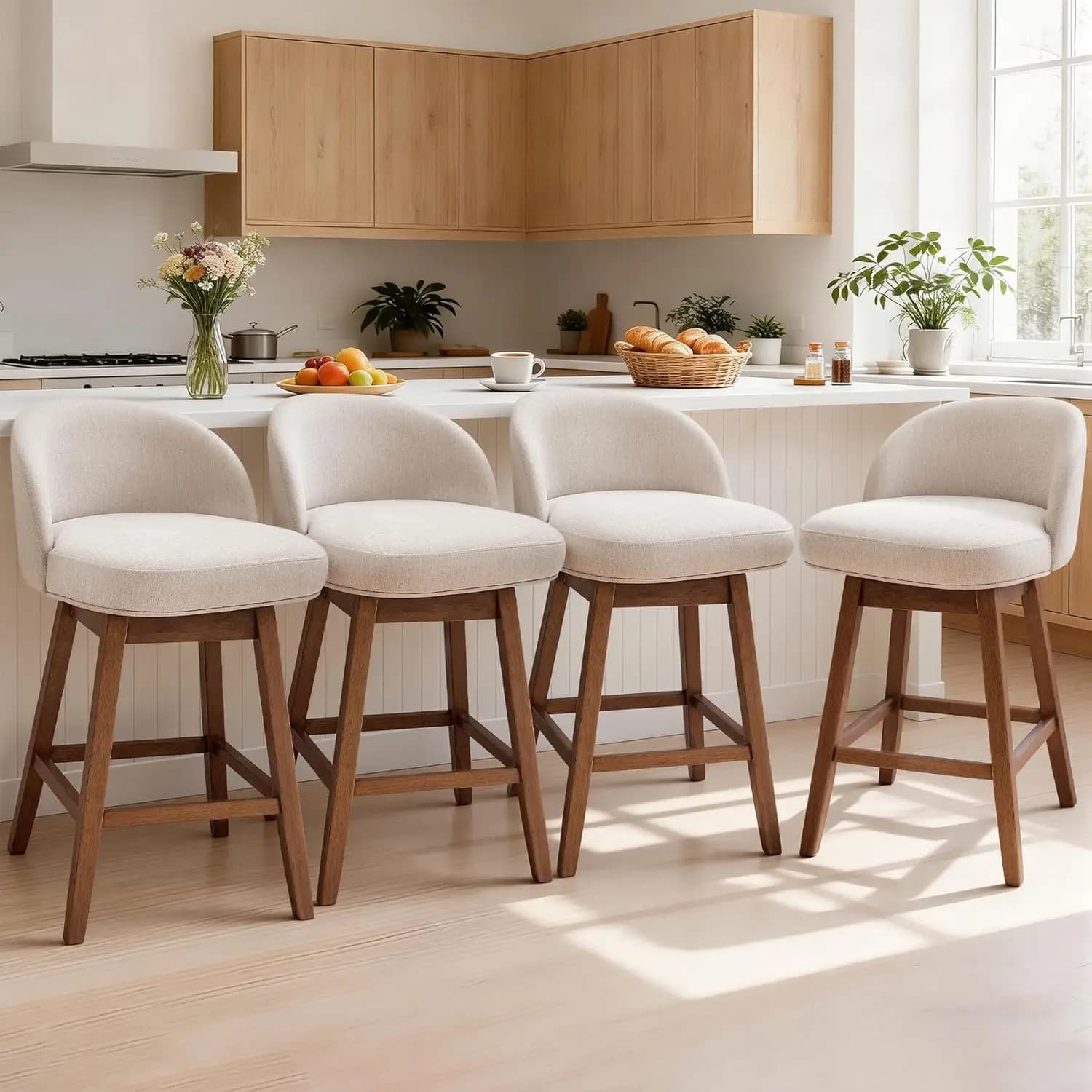 Set di 4 Sgabelli da Bar, Sedie Girevoli Alte con Seduta Imbottita in Tessuto di Lino e Schienale Ergonomico, Personalizzabili