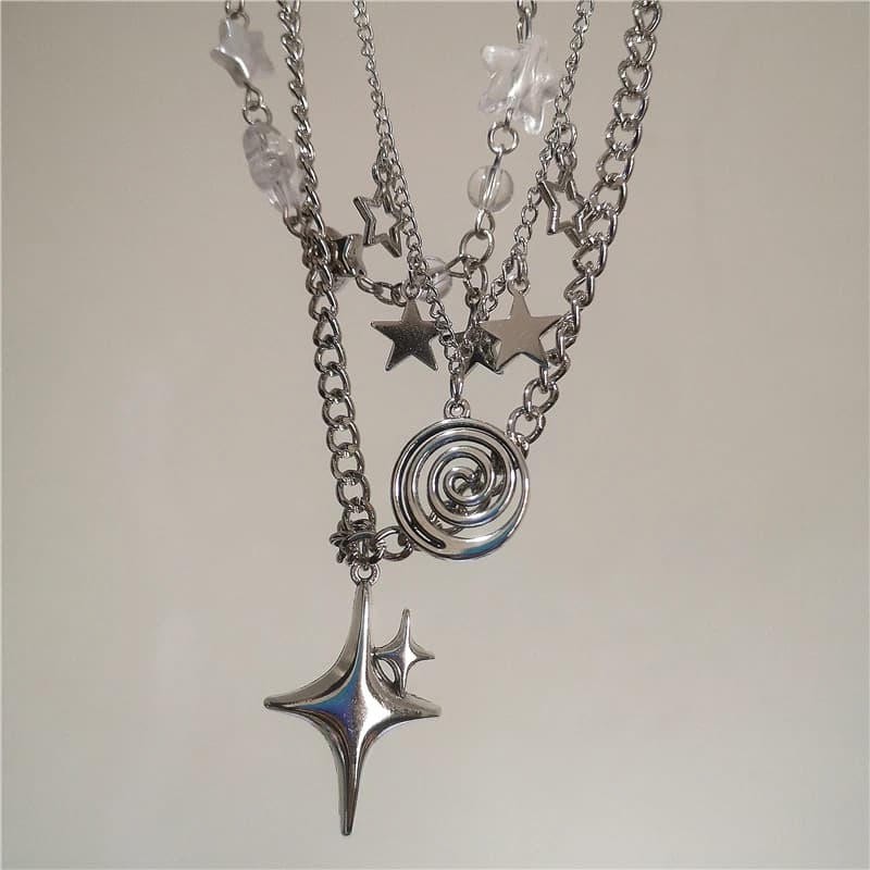 Set di 3 collane a strati con ciondolo a stella vortex color argento, stile punk rock, per donna e uomo, accessori grunge Y2K, gioielli.