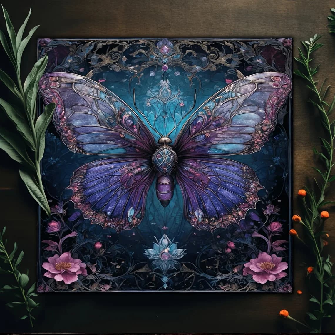 Tovaglia per Tarocchi con Farfalle, Fasi Lunari e Motivi Floreali, Panno per Altare, Stregoneria, Astrologia, Divinazione, Decorazione per la Casa