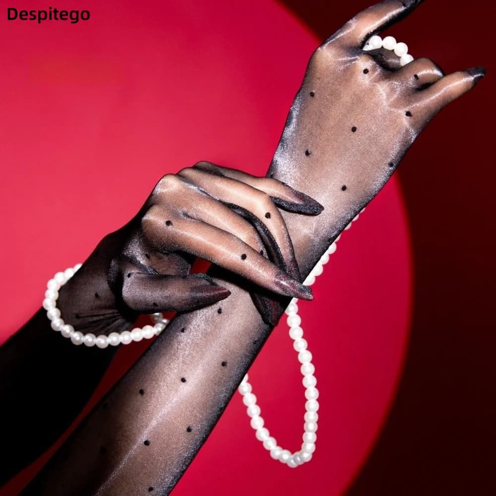 Stretchy Polka Dot Five Finger Gloves Oil Shiny Smooth Long Gloves Stretchy Sheer Material Sun Protection Gloves Cosplay