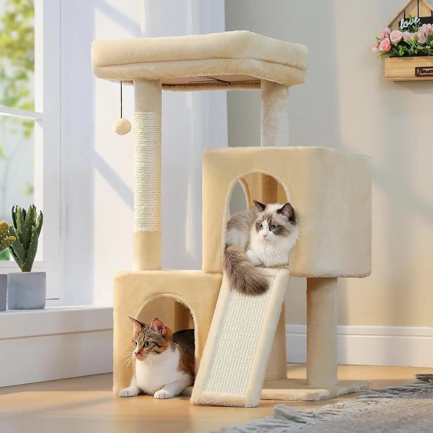 Albero per Gatti da 35 Pollici con Doppia Cuccetta, Scomparto Rialzato e Tiragraffi per Gatti da Interno - Beige