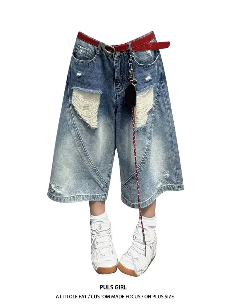 High Waist Wide Leg Jeans Women's Distressed Gradient Denim 7/8 Length Casual Summer Pants American Style Loose Fit