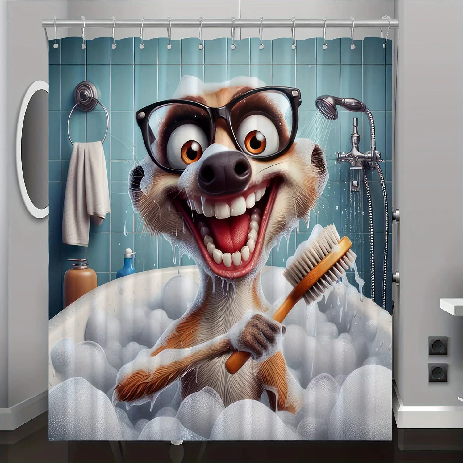 Cartoon Meerkat Bathing Print Shower Curtain Waterproof Mildew Resistant Polyester Fabric with Hooks Easy Install for Bathroom D