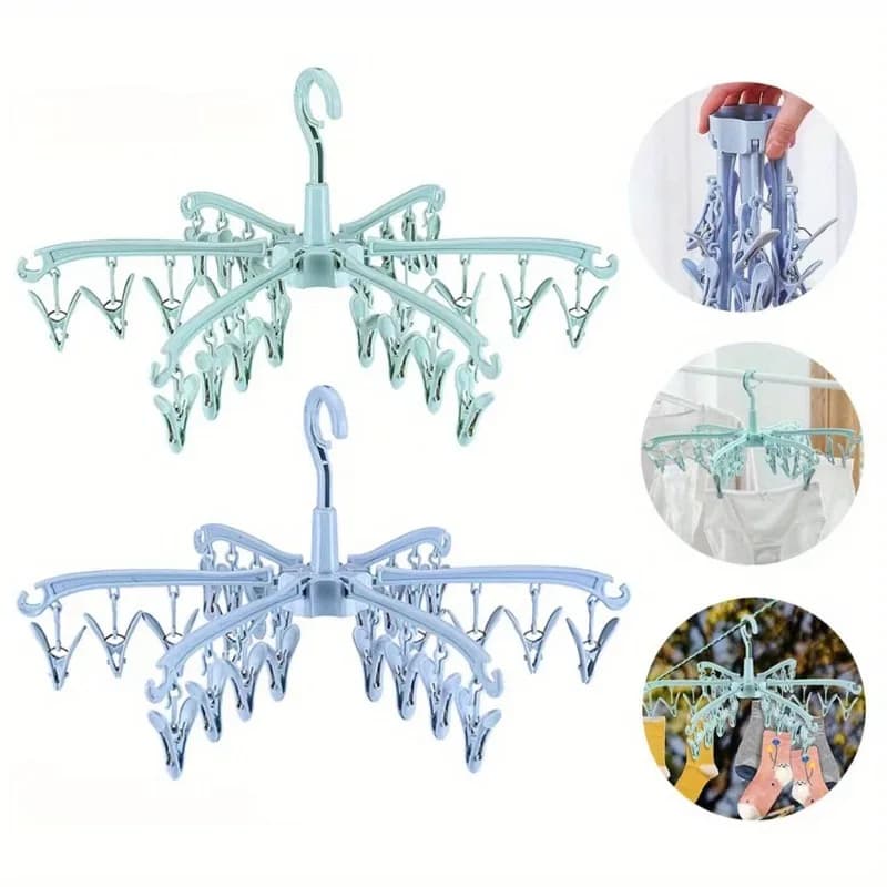 Sock Drying Rack Folding Laundry Clothes Hanger 24 Clips Plastic Rotatable Dryer Clothes Drying Racks Organization for Underwear