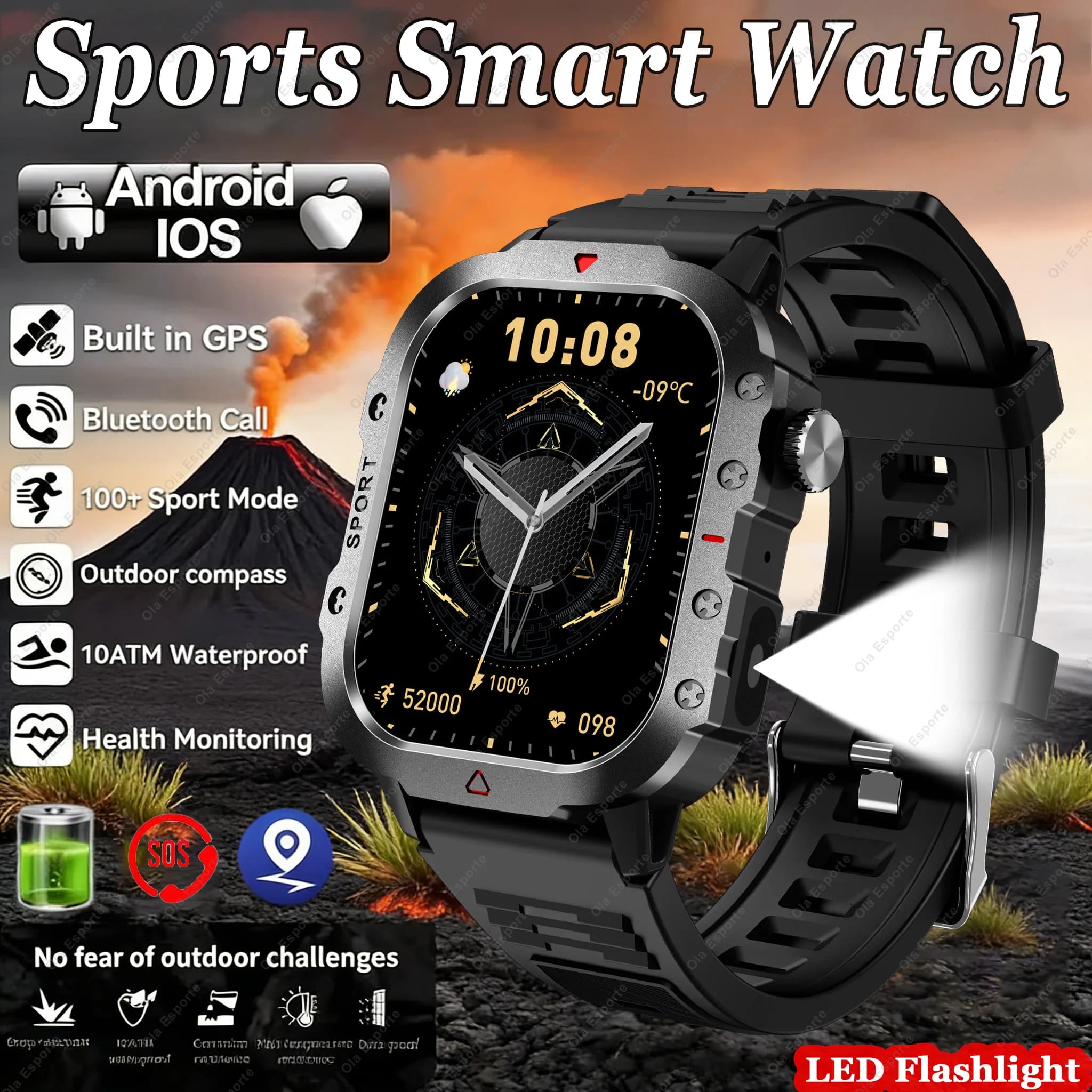 Smartwatch Military with Wireless Charging, LED Flashlight, BT Calls, Cardiaca Health Monitoring and Frequency, for Open Sport
