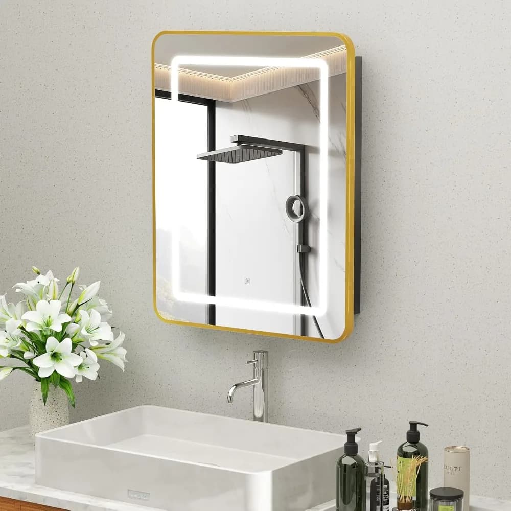 Armadietto Medico Illuminato con Specchio 20"x30", Armadietto a Specchio per Bagno con Luci e Vano Portaoggetti, Personalizzabile