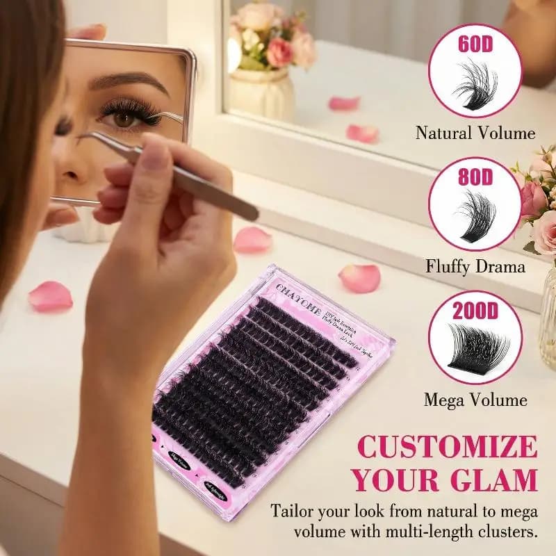 Extension fake lashes in synthetic mink 60-200D, single cuffed lashes 14-18mm, long natural black fake lashes D Curl effect for makeup