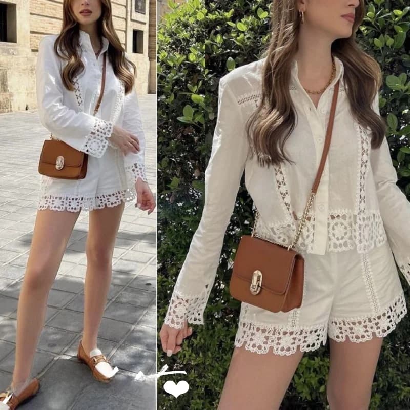 White Embroidered Hollow out Patchwork Belted Shirt High Waist Shorts Fashion Set Women's Cotton Breathable Button up Shirt