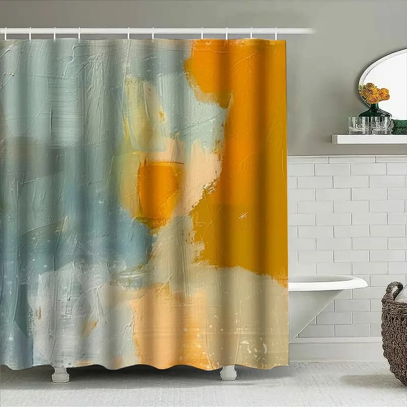 Tenda da bagno con pittura a olio astratta con colori blu e gialli per l'arredamento del bagno, tende da doccia di arte moderna