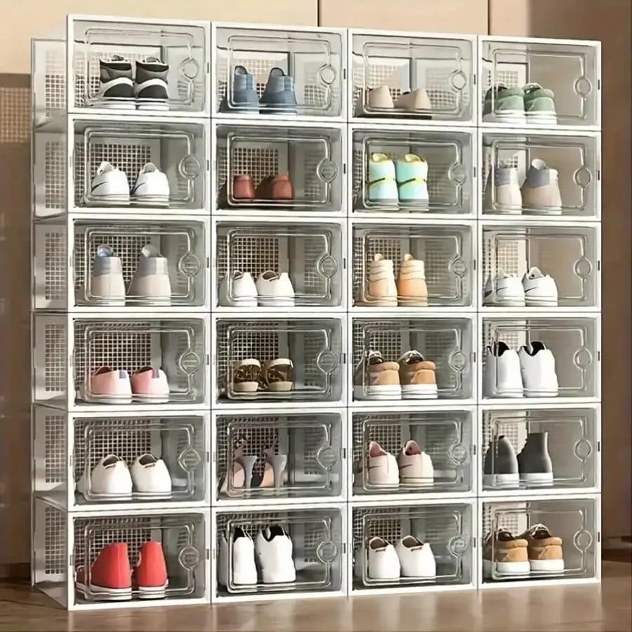 Set of 24 Shoes Boxes, Stackable Shelves for Wardrobe, Professional Espositories for Footwear Boxes for Boots and Hats. D