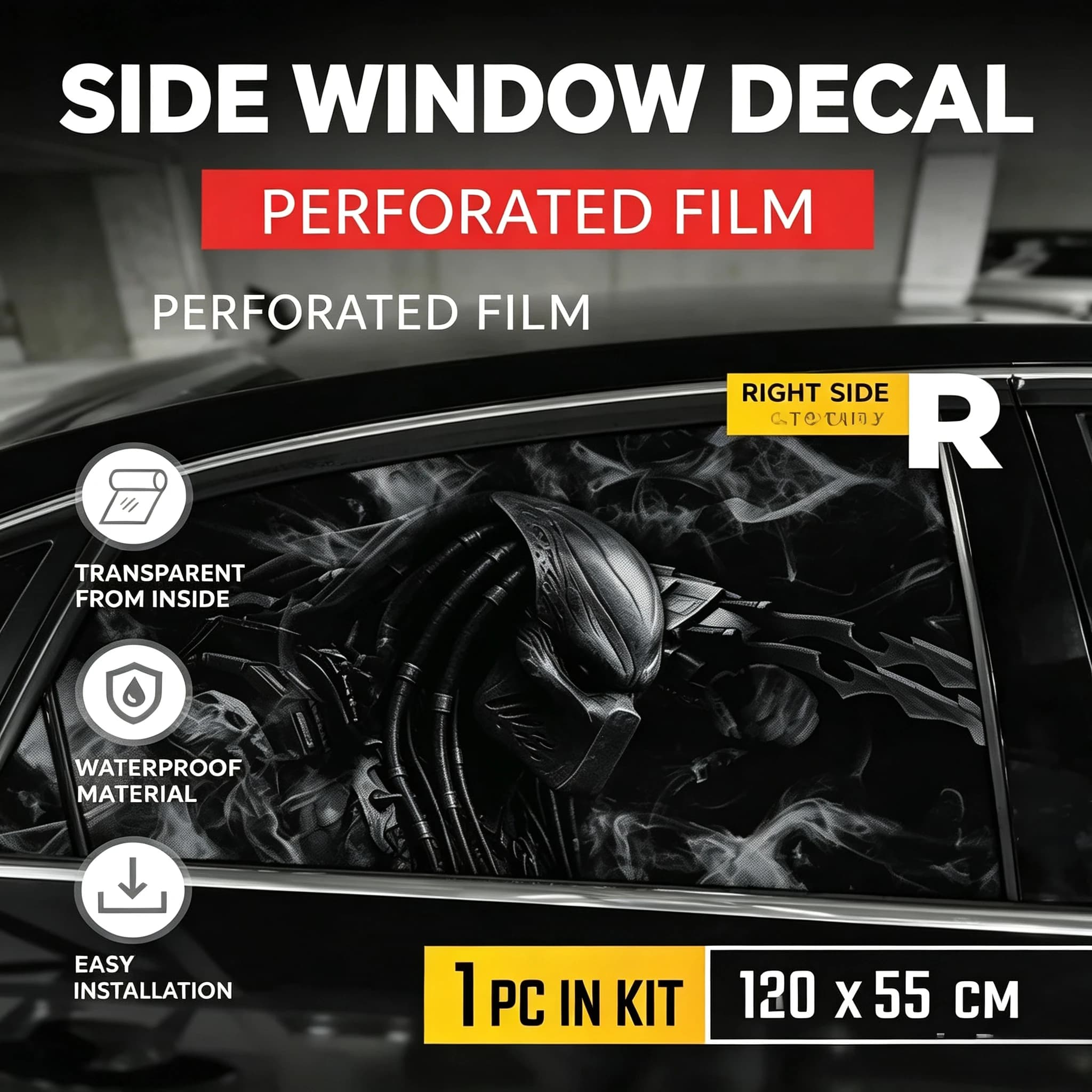 One Way Vision Perforated Car Window Decal, Predator Alien Hunter Car Side Window Sticker, Vehicle Exterior Modification Decor