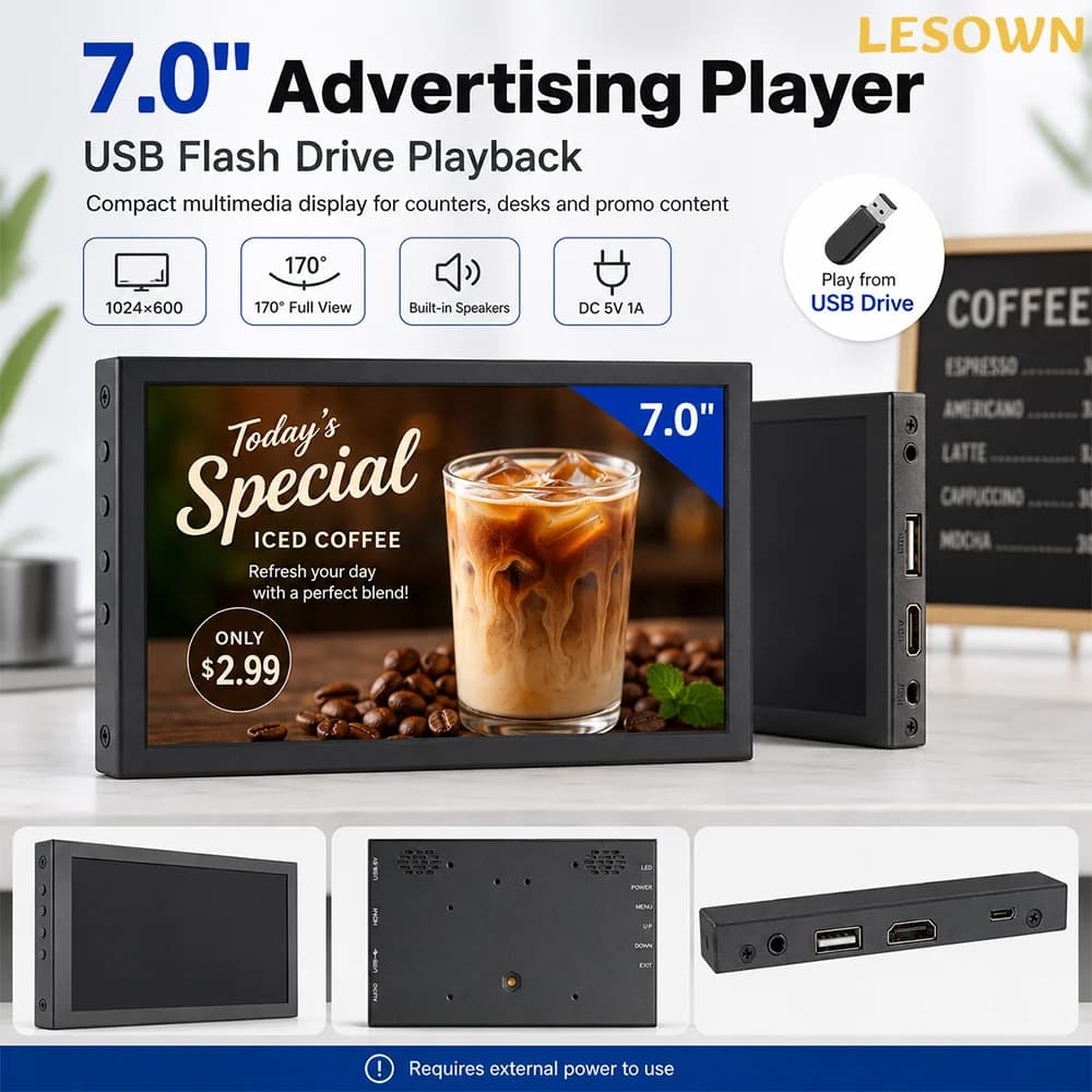 LESOWN Ultra Compact 7 Inch Multimedia Display USB Media Player Small Portable Digital Photo Frame Video Picture Music Player