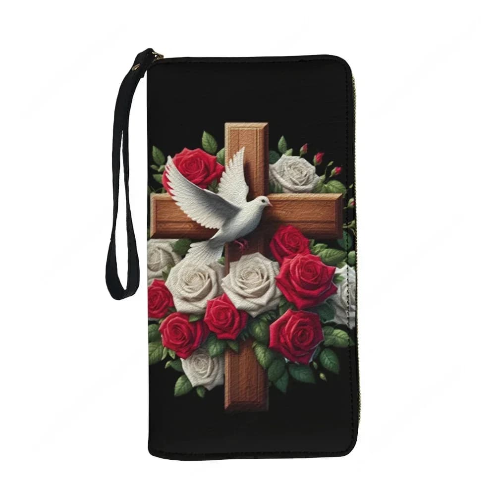 Portafoglio Personalizzato con Croce Floreale Cattolica, Portamonete con Cerniera per Uomo, Donna e Adolescenti, Portafoglio Lungo con Doppia Stampa, Borsa Regalo Portatile