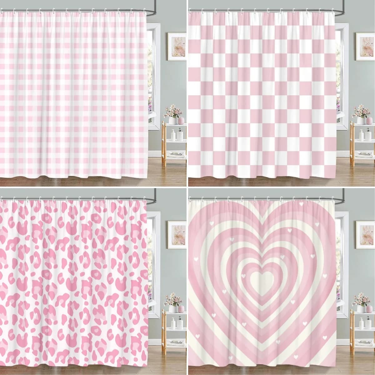 Square pink shower curtain with heart-shaped printing, waterproof, mold-resistant, polyester fabric with hooks, easy to install for B