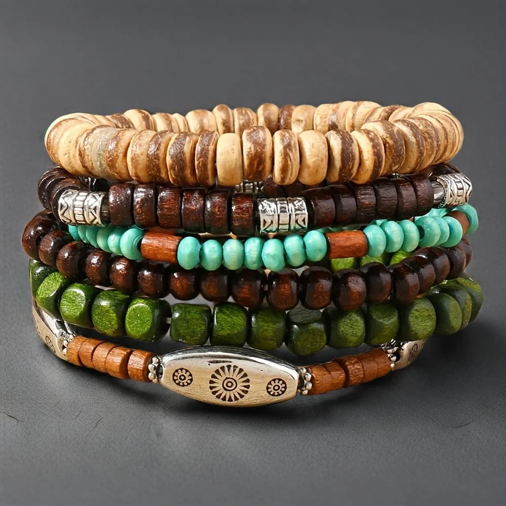 6 braccialetti minimalisti in stile boho con perline in legno di cocco, cordino elastico - Regalo casual da uomo