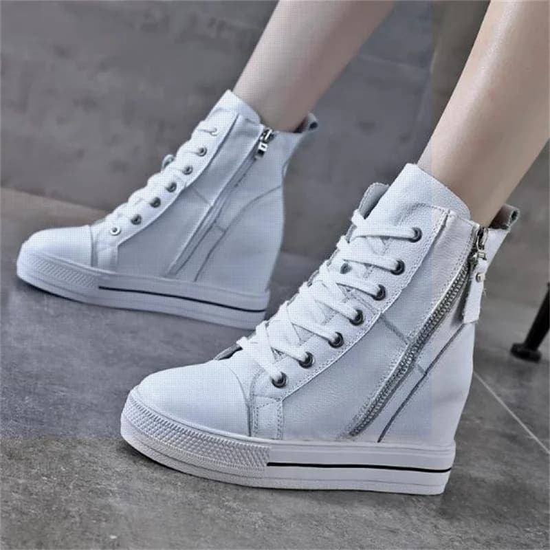 8 cm Nuovo Autunno Inverno Lace-up High-top Scarpe in vera pelle Scarpe da ginnastica da donna Scarpe Tacchi alti Aumenta all'interno delle zeppe Scarpe casual