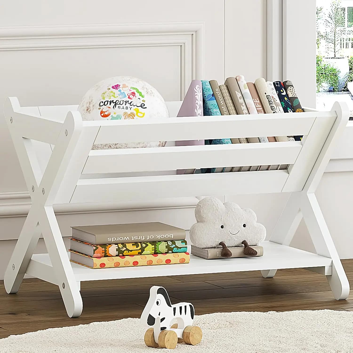 Libreria per bambini con contenitore portaoggetti, organizer per libri per cameretta, stanza dei giochi, asilo nido, scaffale in legno bianco