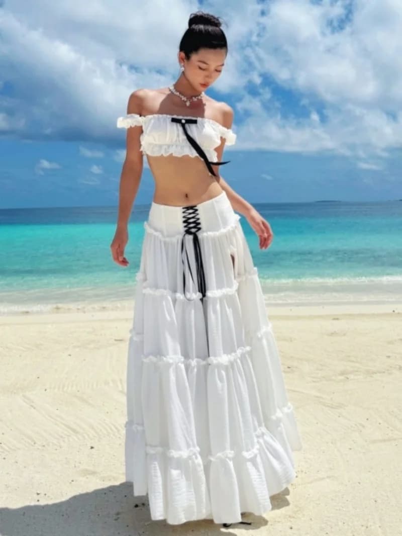 Completi da donna 2 pezzi, abbigliamento estivo 2026, top a fascia con fiocco e gonna lunga, set da spiaggia per vacanze