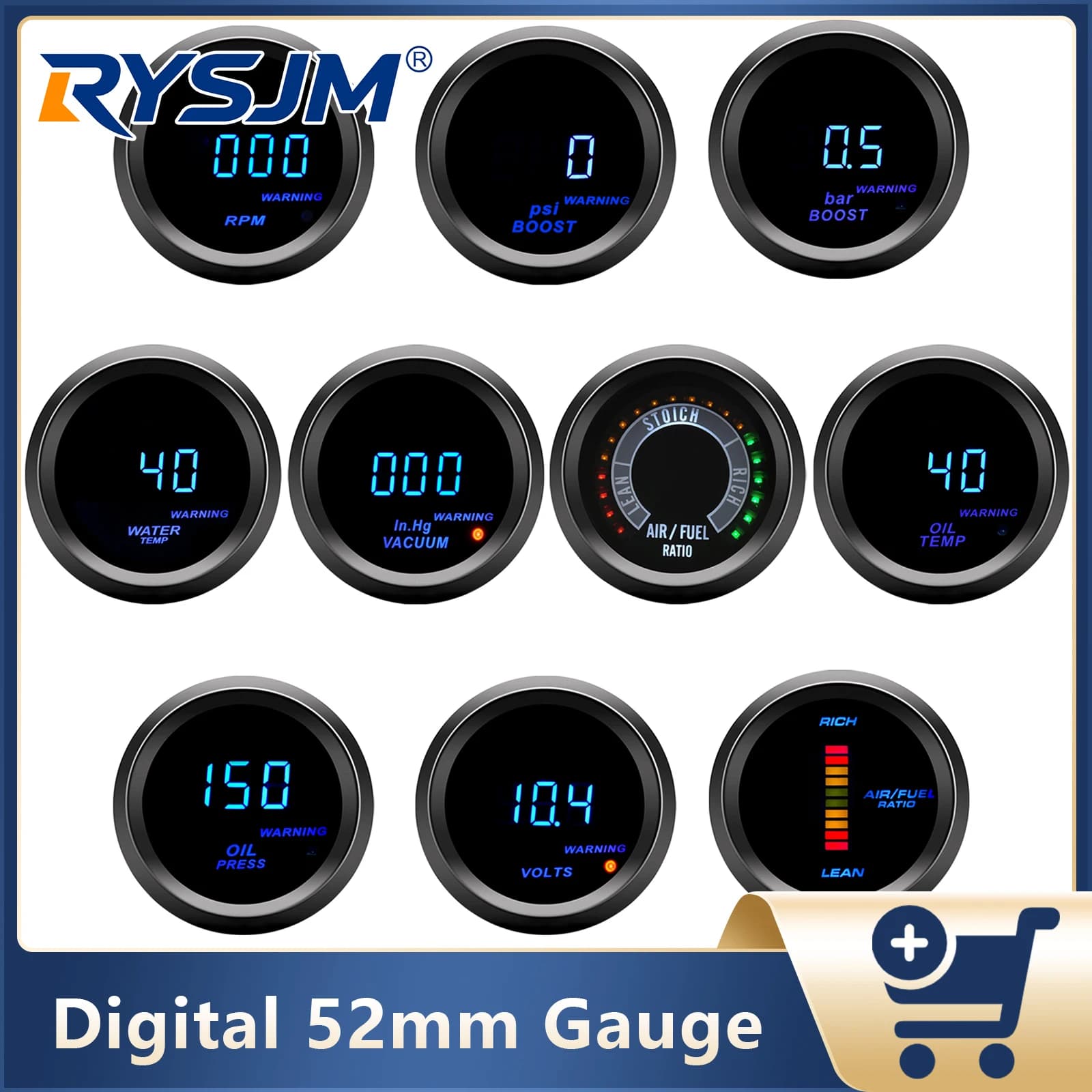 Manometro 52mm per auto, indicatore di pressione turbo (PSI/BAR), temperatura acqua, pressione olio, giri/min, temperatura olio, voltaggio, vuoto, rapporto aria/carburante per auto 12V