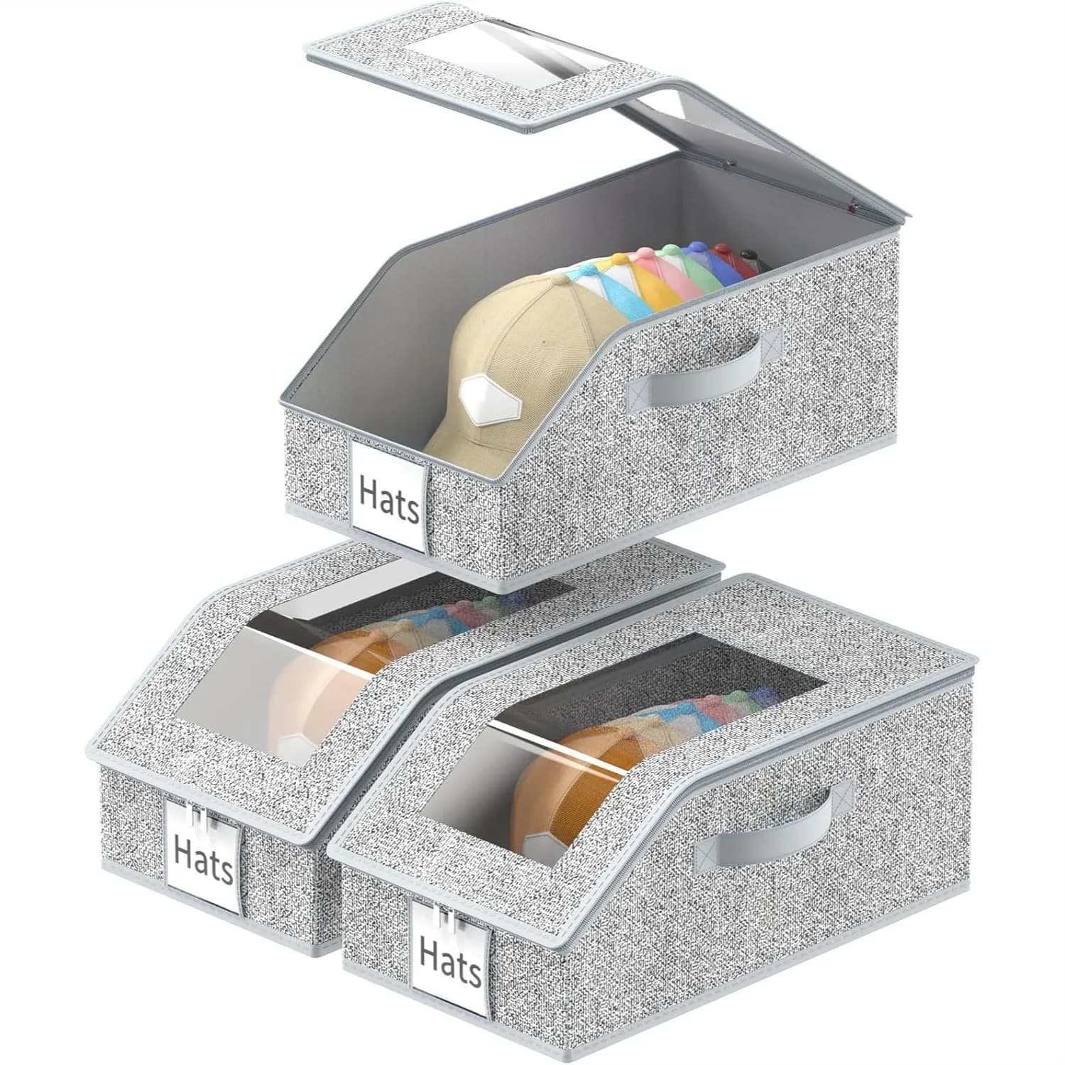 3 Pack Stackable Hat Organizer with Clear Window Lid for Baseball Caps, Holds up to 45 Ball Caps, Foldable Storage Box for