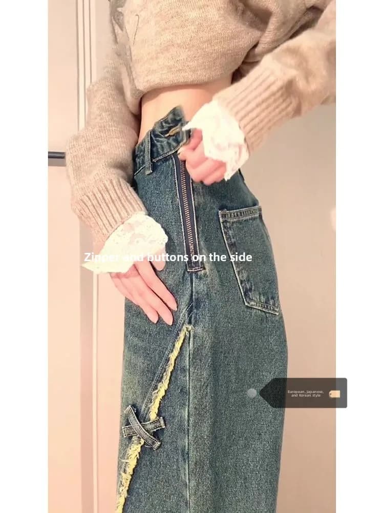 Jeans a Vita Alta e Gamba Larga per Donna, Nuovi Pantaloni in Denim Vintage Estivi con Orlo Asimmetrico e Chiusura a Cerniera