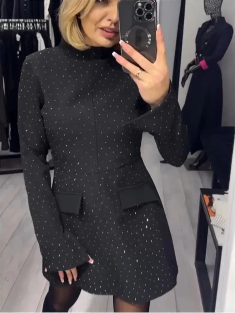 New Fashion Spring Summer Hot Diamonds Dress Women's Elegant Casual Clothing Black Holiday Dresses Robe Femme