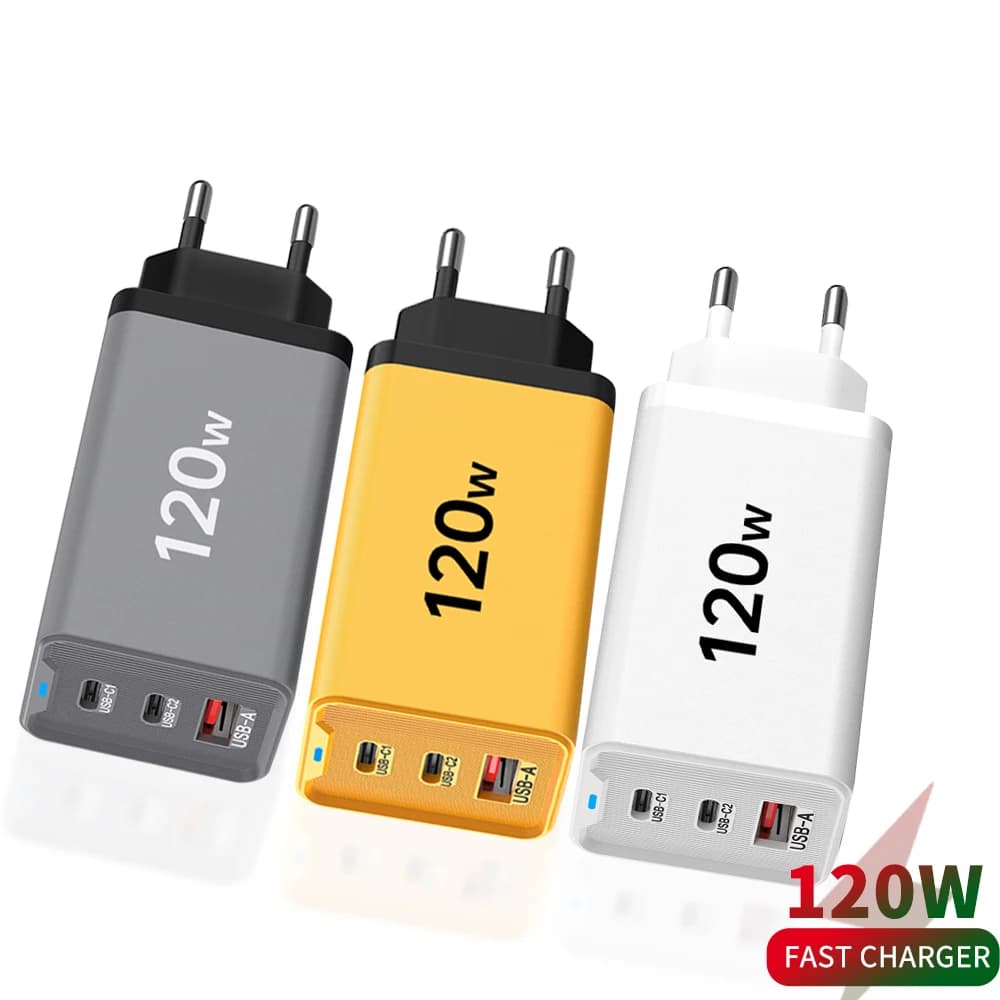 Caricatore USB 3 in 1 da 120W per Ricarica Rapida, Compatibile con Huawei, Xiaomi 15, iPhone 17, 16, Samsung, Adattatore per Telefono Cellulare con Ricarica Veloce Tipo C