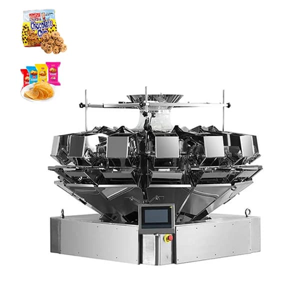 Macchina Multifunzione per Pesatura e Riempimento Automatico con Pesatrice Multitesta per Confezionamento di Biscotti, Patatine, Frutta Secca con Azoto