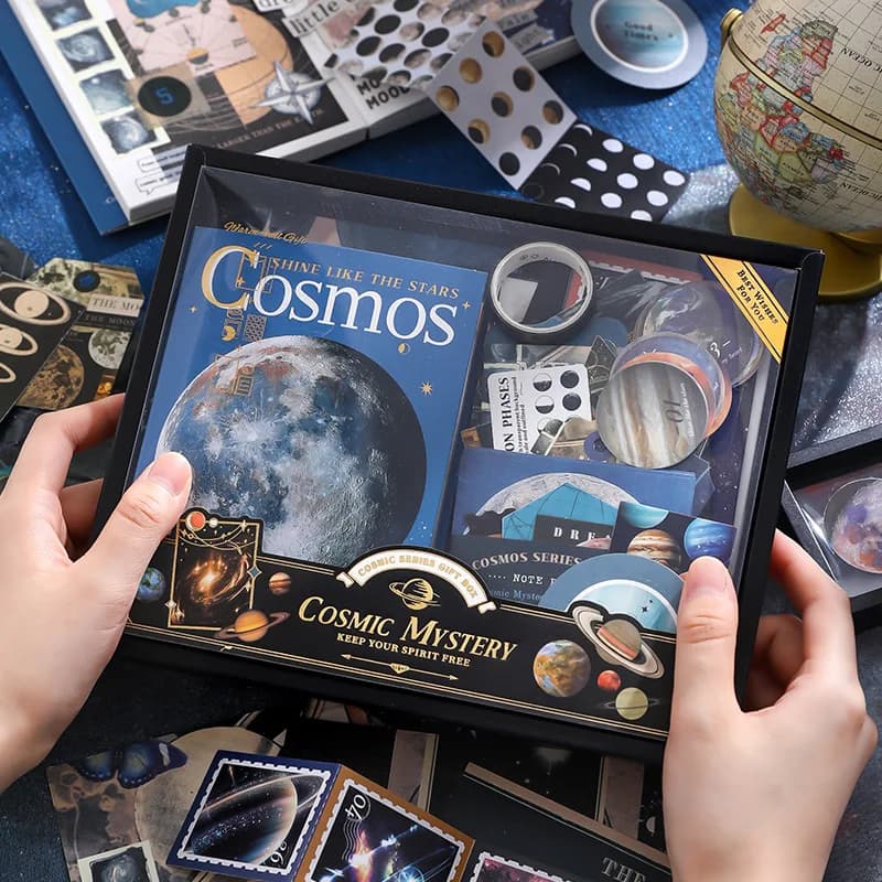 Sci Fi Starry Sky Scrapbook Kit(154 Pcs) with Scrapbooking Supplies Stickers Stationery A6 Notebook Post-it Note Gift Set Box