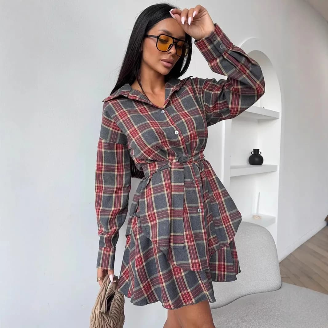 Gonna scozzese casual Set da due pezzi Camicia a maniche lunghe ampia da donna Minigonne a vita alta Set da 2 pezzi Completo da pendolarismo alla moda