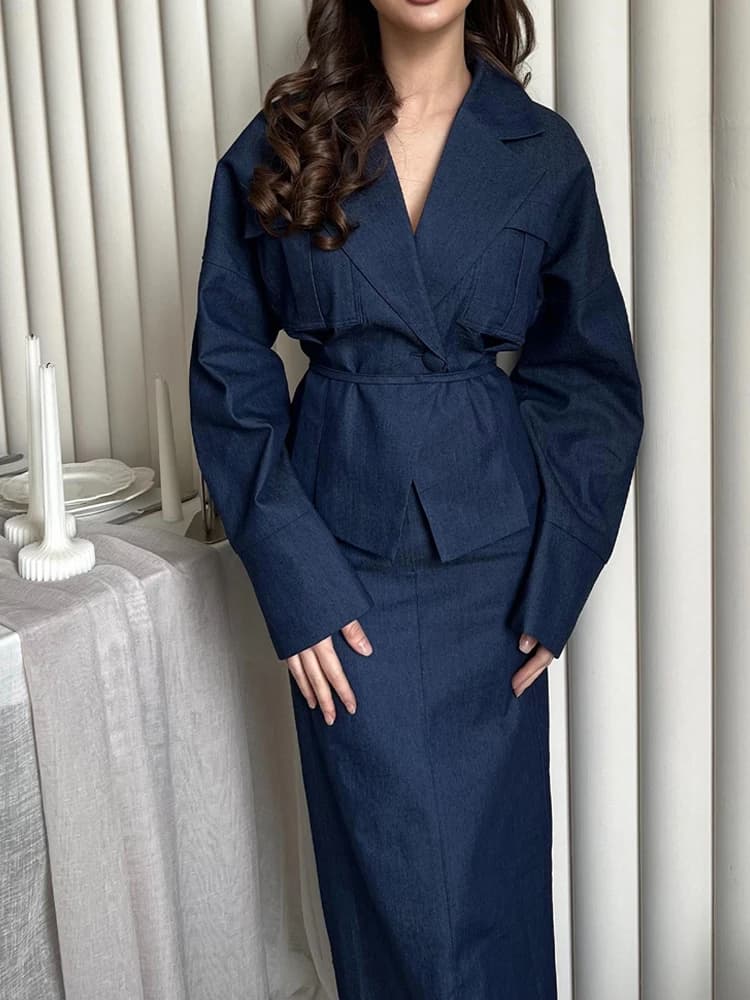 Gonna lunga da pendolare alla moda Set da 2 pezzi Elegante giacca blazer con bottoni risvolto e mezza gonna Abiti casual con cintura a maniche lunghe Abiti solidi