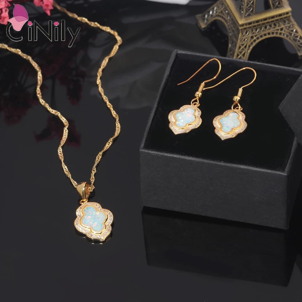 CiNily Luxury Female White Fire Opal Zircon Gold Plated Wedding Necklace for Women Jewelry Pendant Necklace Earrings Jewelry Set