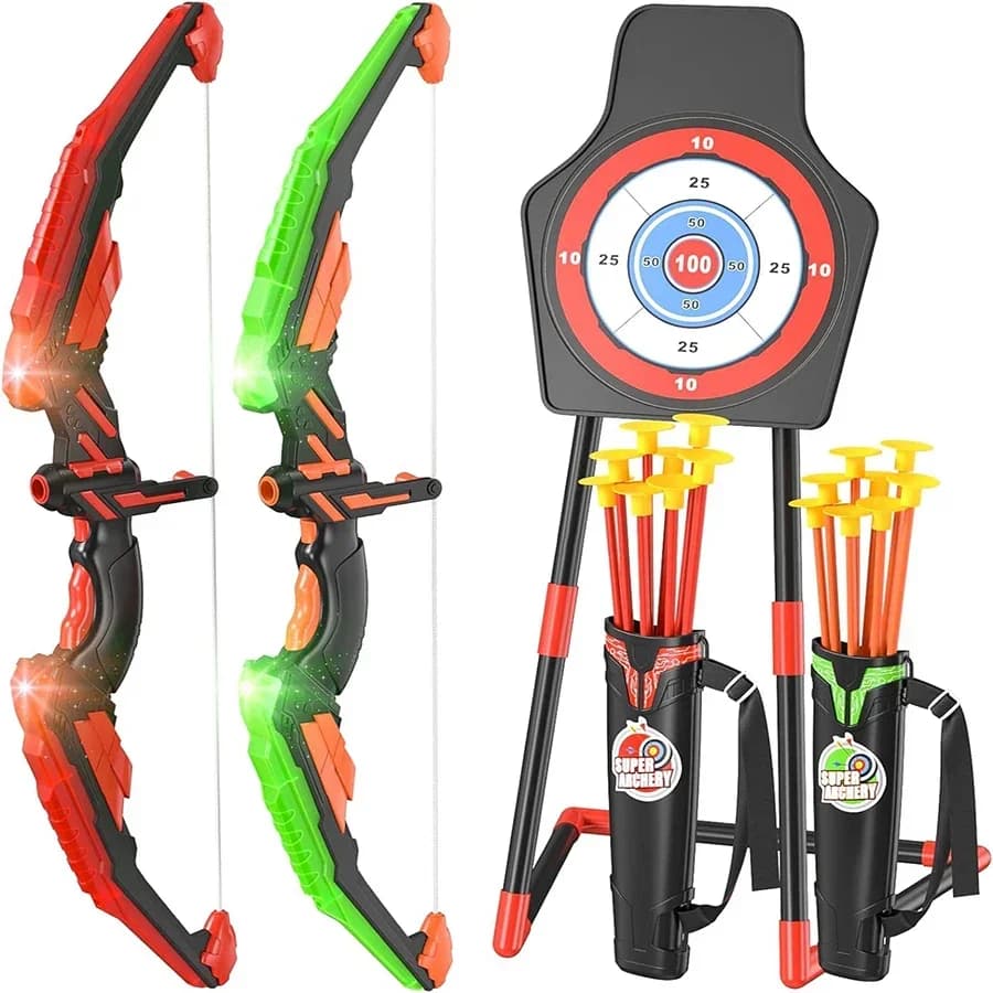 MQUDUO Dual Light Up Bow and Arrow Set with Target Stand, Suction Arrows, 2 Player Archery Contest Party Game