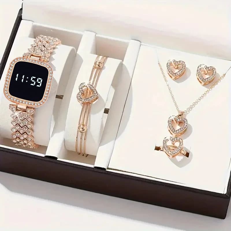 Women's led watch, 6-piece set, fashionable casual digital watch, FREE bracelet, ring, necklace, earring