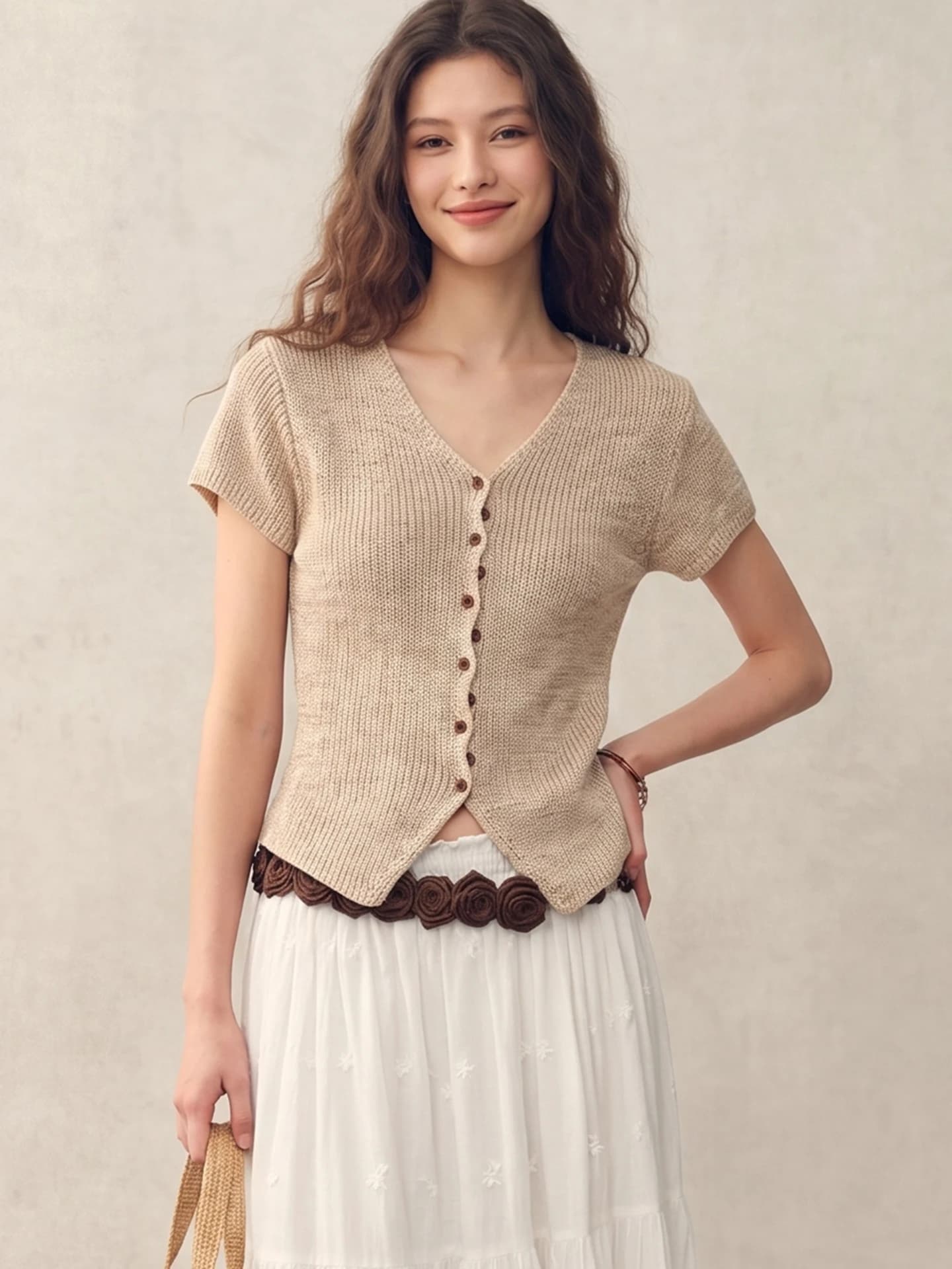 Casual Versatile V-Neck Knitted Open Cardigan T-Shirt Top for Women Elegant Commute Style Short Sleeve Regular Fit Soft Fabric