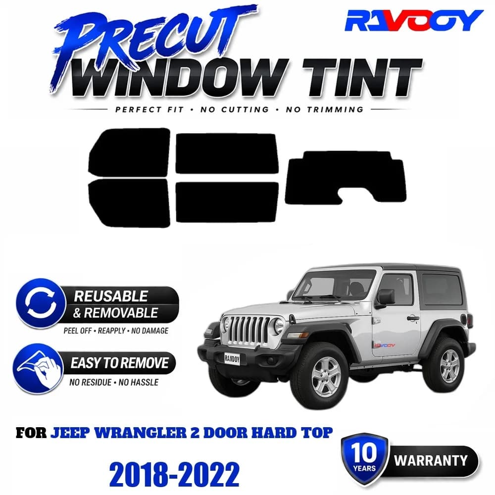 Precut Window Tint, Reusable Removable EPU Film, Custom Fit for Jeep Wrangler 2 Door Hard Top 2018-2022, UV Heat Protection