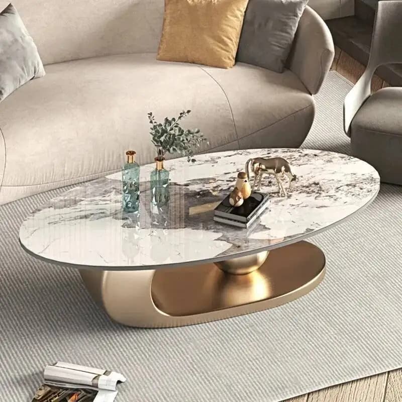 Tavoli da Salotto e Sala da Pranzo in Marmo e Metallo, Design Minimalista Ovale, Gambe e Copertura in Stile Nordico