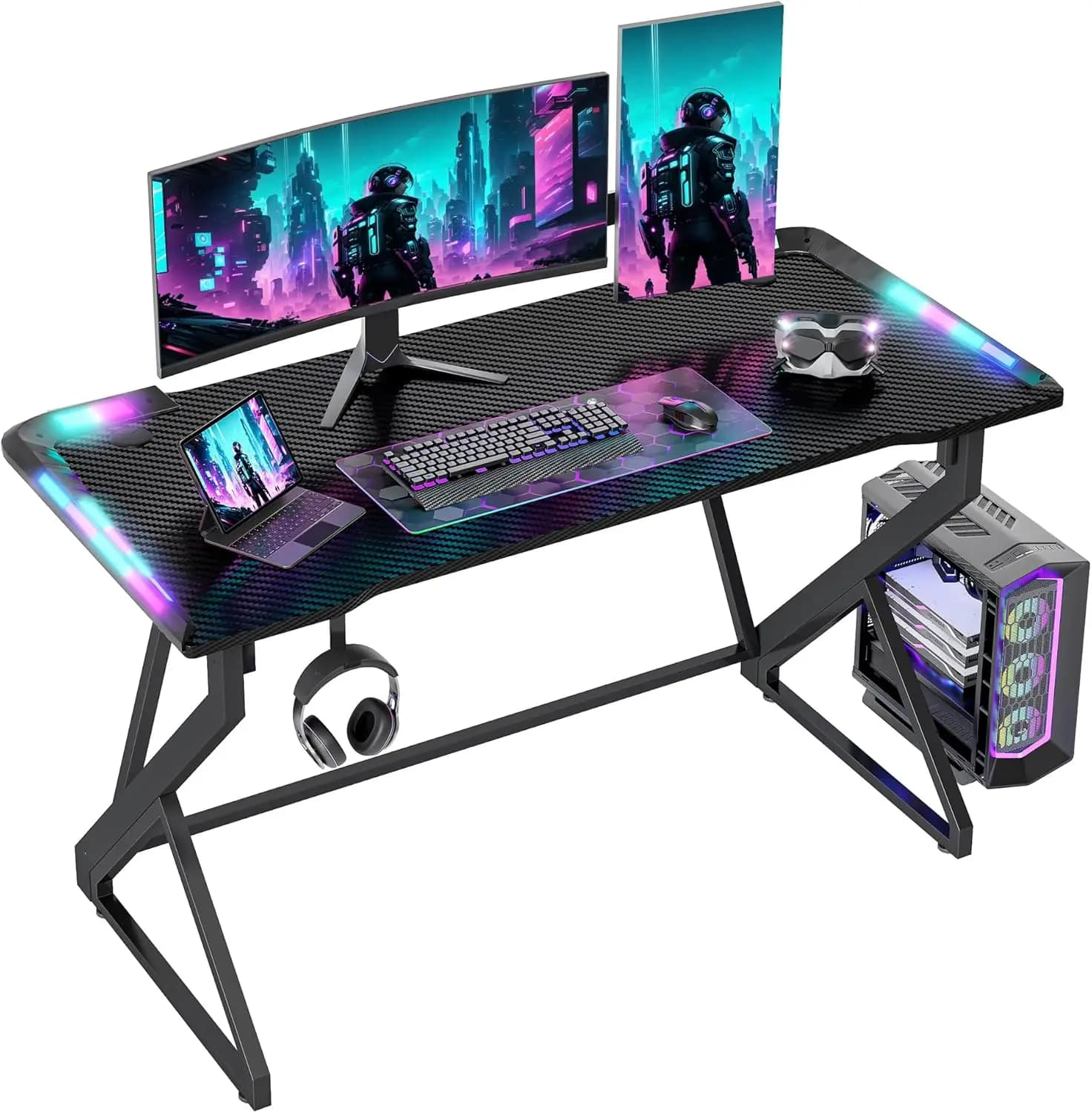 Scrivania da Gaming con Luci LED, Tavolo per Computer da 47 Pollici per Casa e Ufficio, Superficie in Fibra di Carbonio, Gambe Robuste a Forma di Z