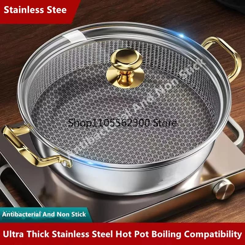 Pentola per Zuppa in Acciaio Inox da 30cm, Wok Antiaderente a Nido d'Ape con Coperchio, Padella per Uso Domestico, Compatibile con Piani a Induzione e Fornelli a Gas, Pentola Universale