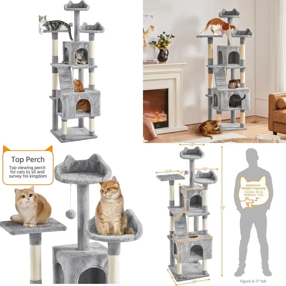 Torre per gatti da 72 pollici con grotte accoglienti, posatoi morbidi, tiragraffi, tavola e palla pendente - Centro giochi per gatti multilivello