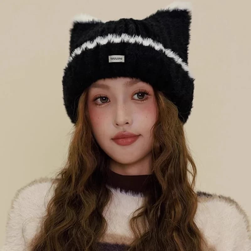 Winter Warm Cute Cat Ear Plush Hat Knitted Baotou Ear Protection Cold Hat for Fashionable Headwear Apparel Accessories