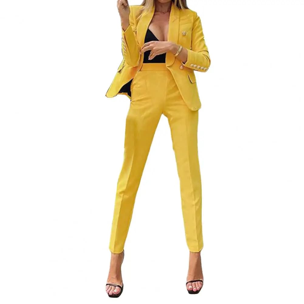 2 Pcs/Set Lady Outfit Formal Coat Pants Suit Set Long Sleeves Mid Length Jacket High Waist Pants Business Women Outfit