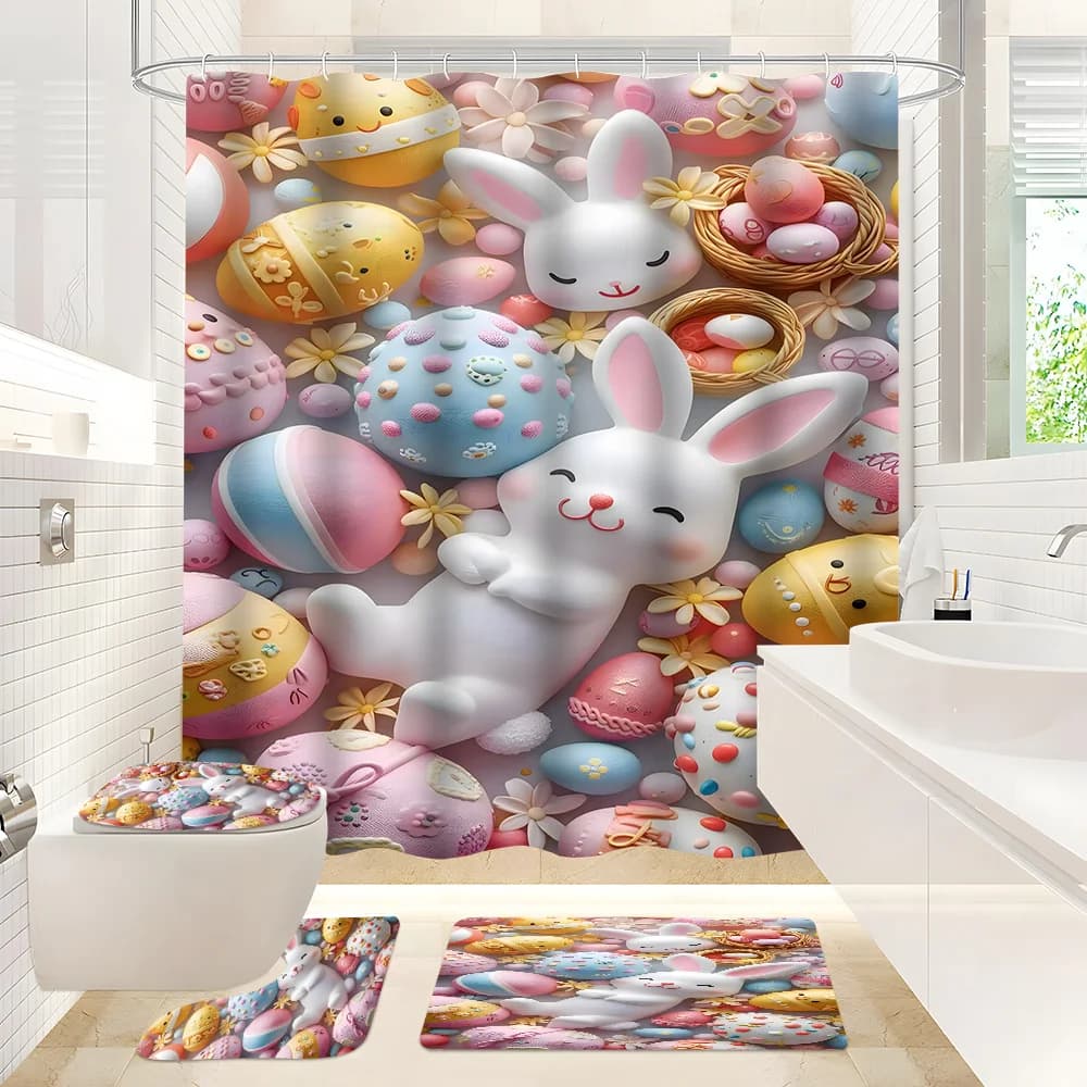 Bathroom set Easter bunny: shower curtain, mat, towel, water cover - 4 pieces waterproof decoration for a festive bath
