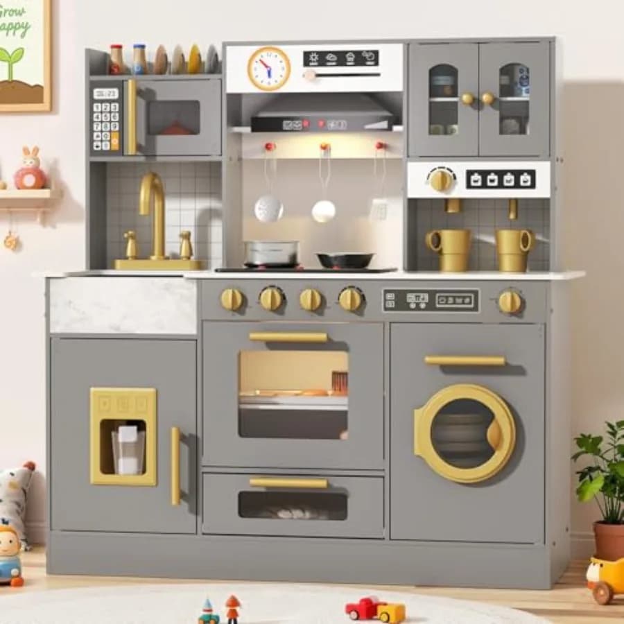Cucina giocattolo in legno per bambini dai 3 agli 8 anni, grigia, con luci, suoni, fornello, macchina del ghiaccio, macchina del caffè, accessori per il forno