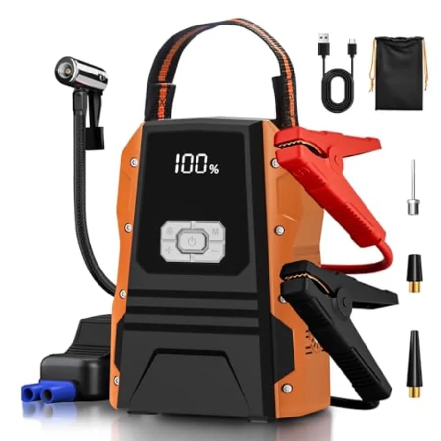 Avviatore di Emergenza con Compressore d'Aria 12000mAh, Booster Portatile per Batteria Auto con Gonfiatore Pneumatici 150PSI a Spegnimento Automatico, 12V Supersafe Lit