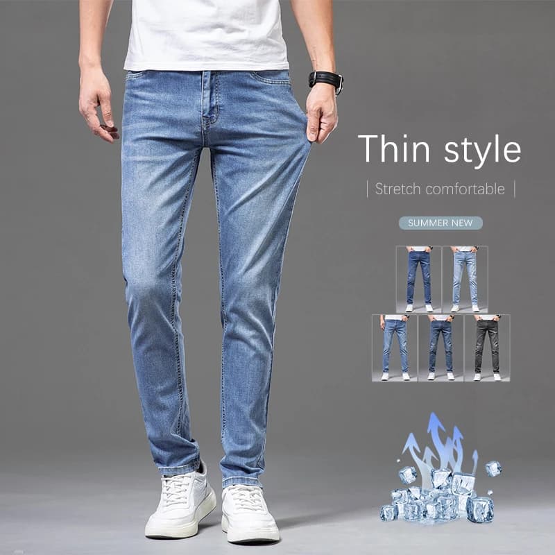 Summer 2026 New Thin Men's Slim Jeans Comfortable Elastic Basic Casual Youth Denim Pants Cool Fashion Korean Brand Male Trousers