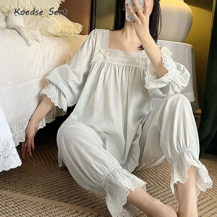 Pigiama da donna francese dolce ragazza pigiama con volant in cotone fata vintage set da due pezzi 2025 pigiama vittoriano principessa a maniche lunghe primaverili