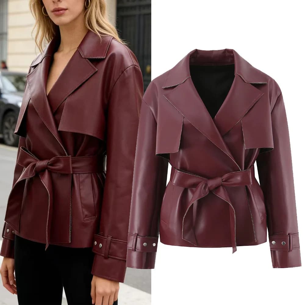 Giacca Biker Corta da Donna Primavera 2026, Design Semplice con Cintura in Vita, Colletto Alto, Manica Lunga, in Pelle PU