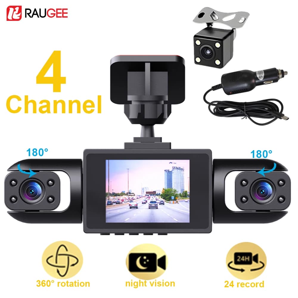 Dash Cam 360 ° Registratore Video per Auto a 360 Gradi, Telecamera DVR con Visione Notturna, Parcheggio 24H, Full HD 1080P, Dash Cam a 4 Canali per Anteriore e Posteriore