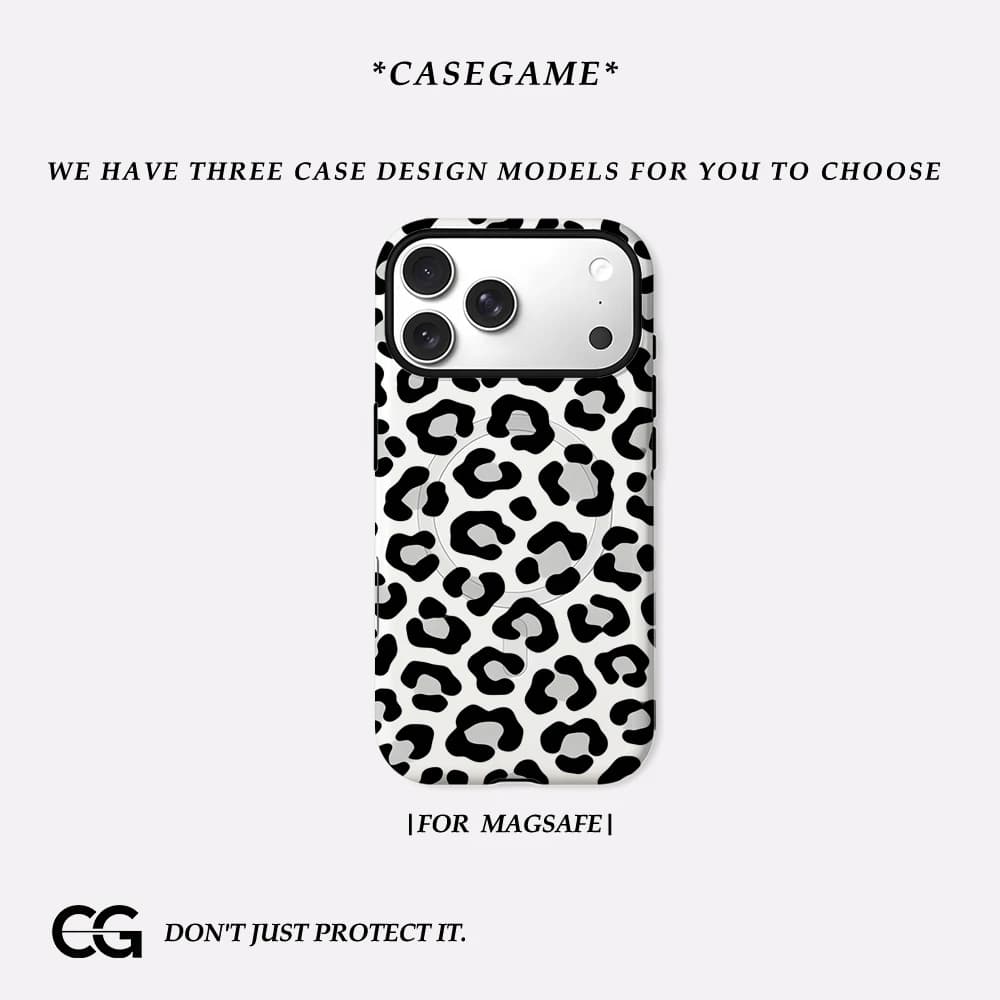 Casegame Cover Opaca Antiurto per iPhone 17 16 15 14 Plus 13 Pro Max con Bumper per MagSafe, in PC Rigido, Nera Bianca Leopardata